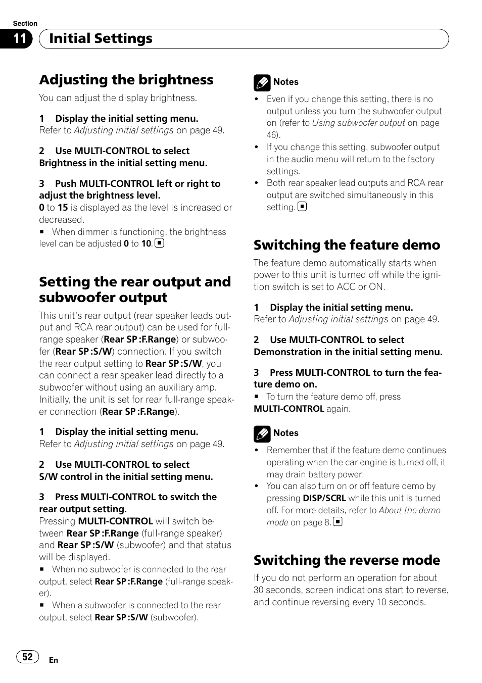 Adjusting the brightness, Setting the rear output and subwoofer, Output | Switching the feature demo, Switching the reverse mode, Setting the rear output and subwoofer output, Initial settings | Pioneer DEH-P8100BT User Manual | Page 52 / 74