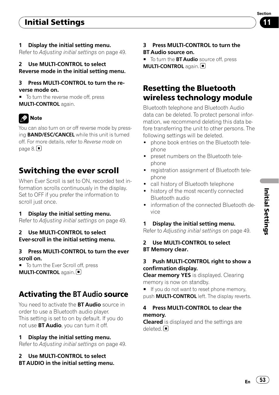 Switching the ever scroll, Activating the bt audio source, Resetting the bluetooth wireless technology | Module, Activating the, Bt audio source on, Resetting the bluetooth wireless technology module, Initial settings | Pioneer DEH-P8100BT User Manual | Page 53 / 74