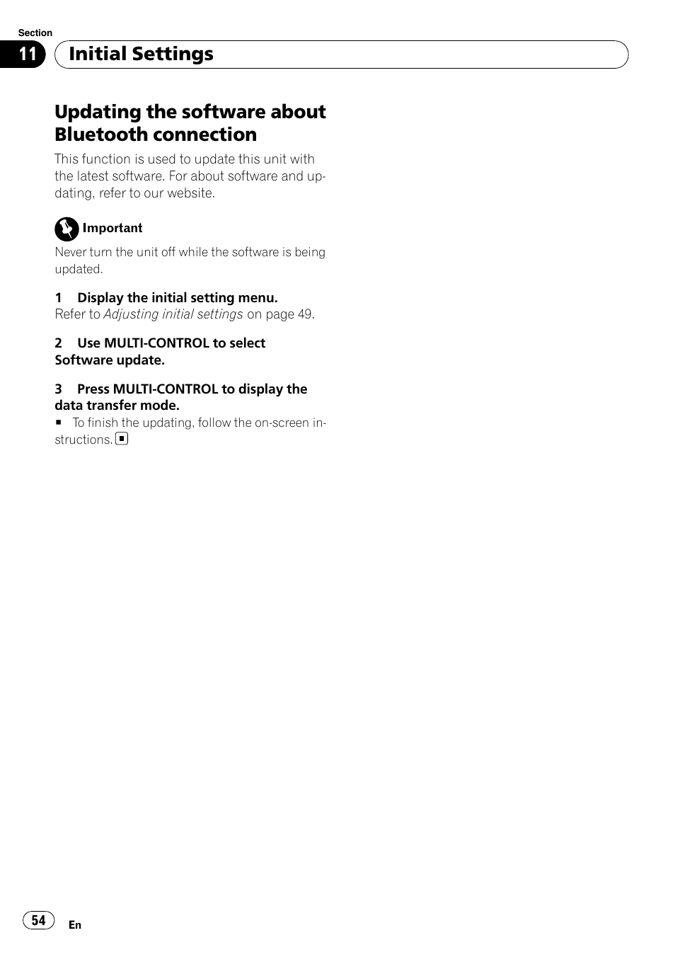 Updating the software about bluetooth, Connection, Updating the software about bluetooth connection | Initial settings | Pioneer DEH-P8100BT User Manual | Page 54 / 74