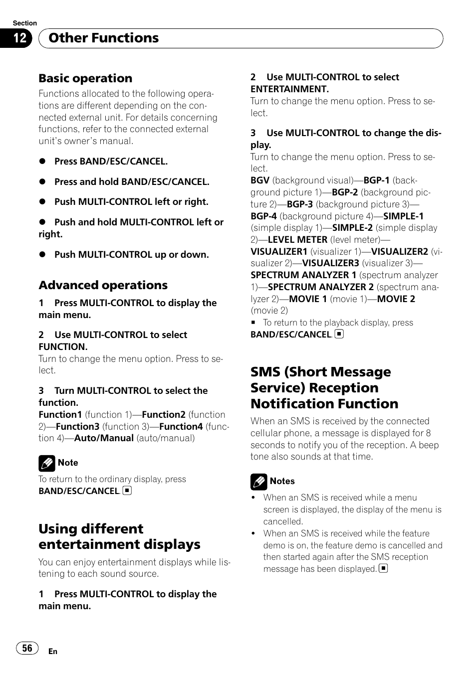 Basic operation 56, Advanced operations 56, Using different entertainment displays | Sms (short message service) reception, Notification function, Other functions, Basic operation, Advanced operations | Pioneer DEH-P8100BT User Manual | Page 56 / 74