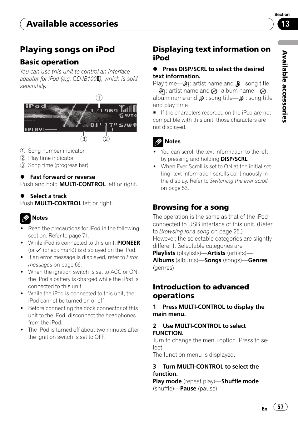 Available accessories playing songs on ipod, Basic operation 57, Displaying text information on | Ipod, Browsing for a song 57, Introduction to advanced, Operations, Playing songs on ipod, Available accessories, Basic operation | Pioneer DEH-P8100BT User Manual | Page 57 / 74