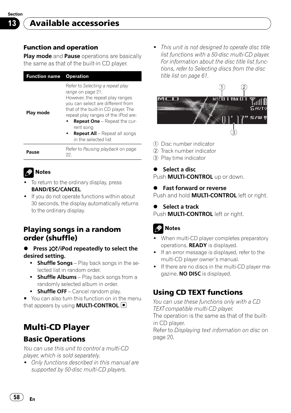 Playing songs in a random order, Shuffle), Multi-cd player | Basic operations 58, Using cd text functions 58, Available accessories, Playing songs in a random order (shuffle), Basic operations, Using cd text functions | Pioneer DEH-P8100BT User Manual | Page 58 / 74