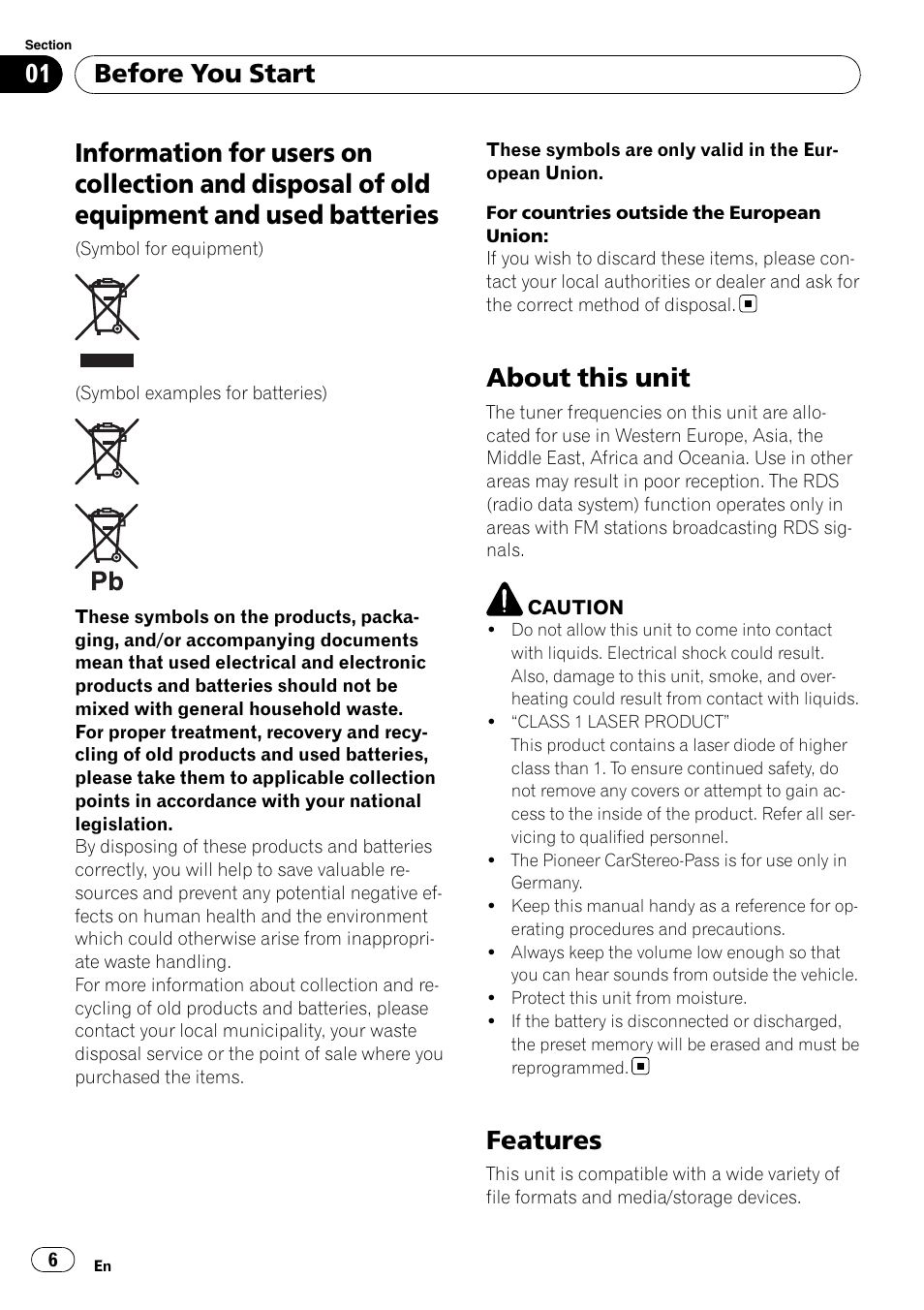 Before you start, Information for users on collection and, Disposal of old equipment and used batteries | About this unit, Features | Pioneer DEH-P8100BT User Manual | Page 6 / 74