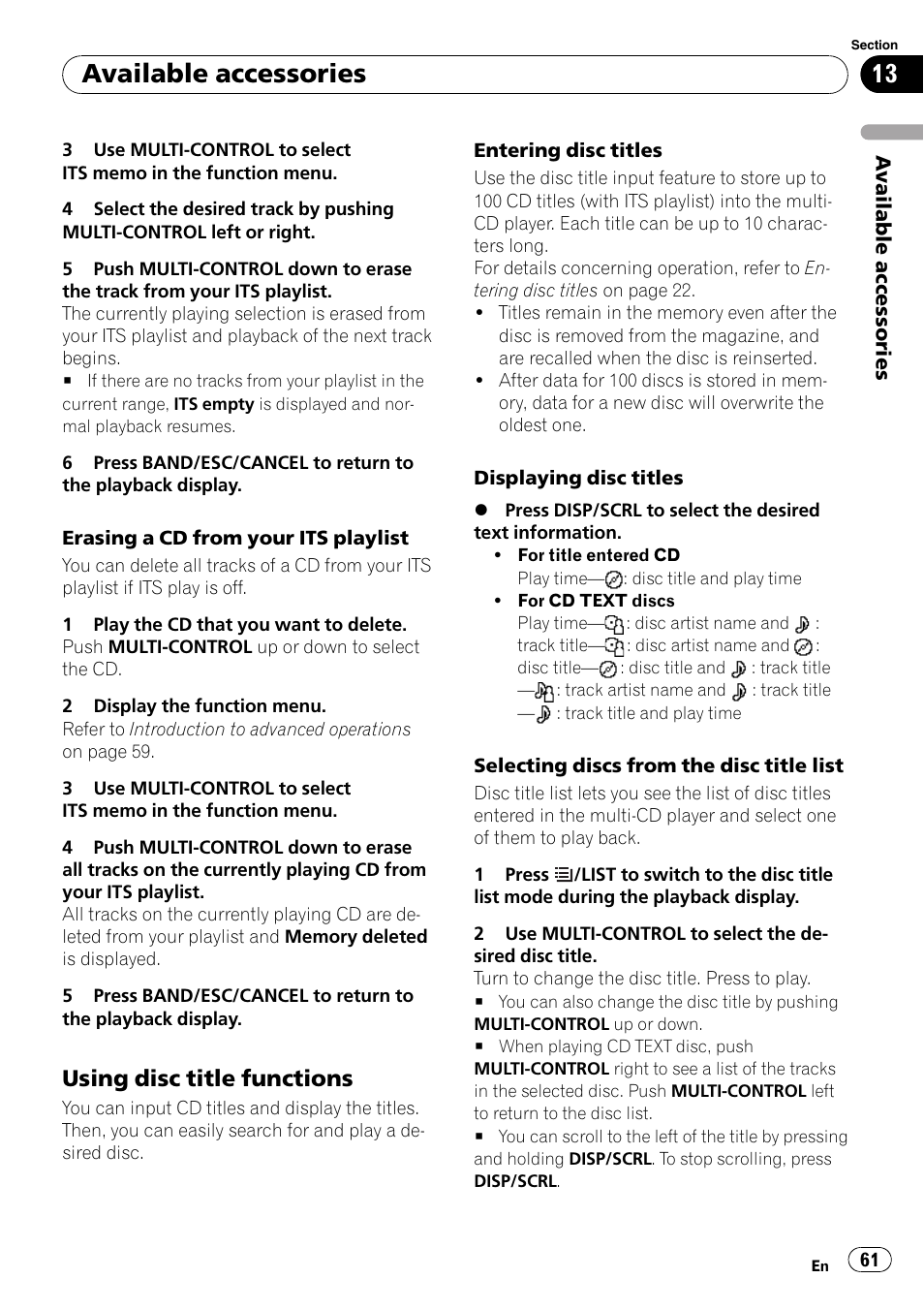 Using disc title functions 61, Available accessories, Using disc title functions | Pioneer DEH-P8100BT User Manual | Page 61 / 74