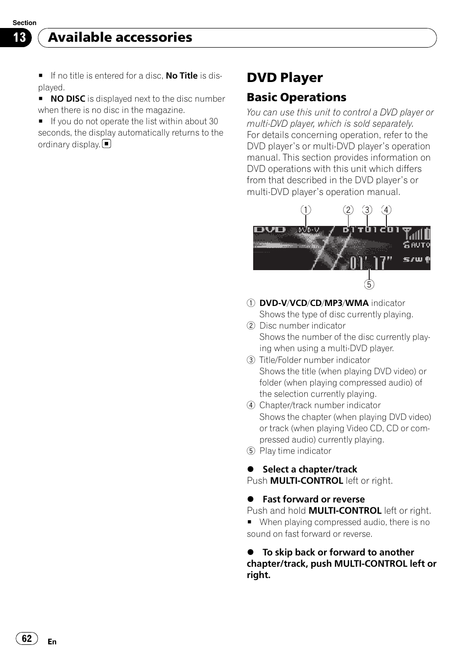 Dvd player, Basic operations 62, Available accessories | Pioneer DEH-P8100BT User Manual | Page 62 / 74
