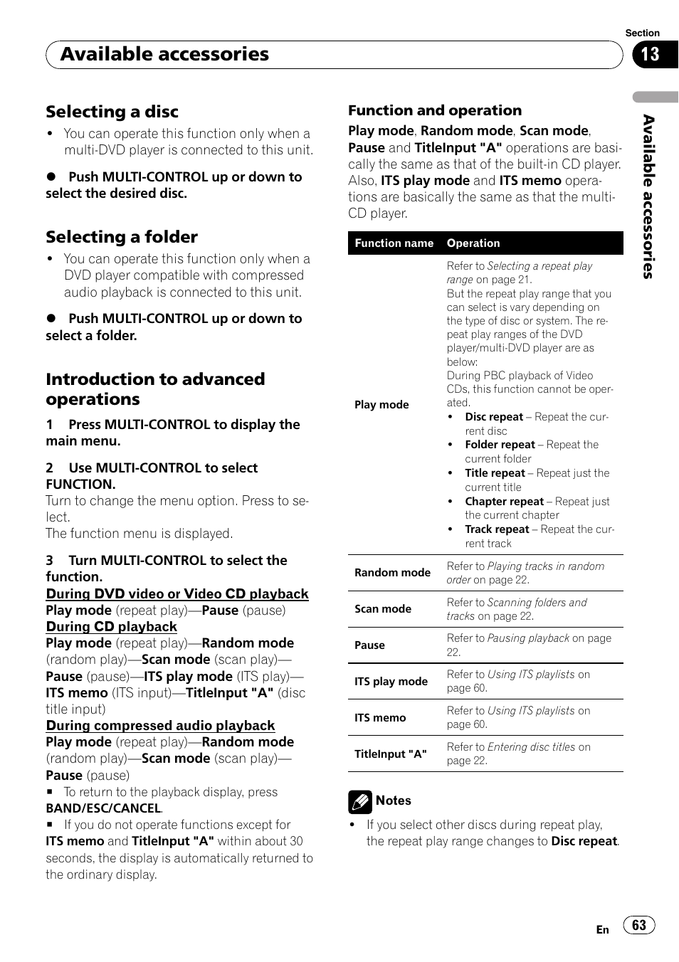Selecting a disc 63, Selecting a folder 63, Introduction to advanced | Operations, Available accessories, Selecting a disc, Selecting a folder, Introduction to advanced operations | Pioneer DEH-P8100BT User Manual | Page 63 / 74
