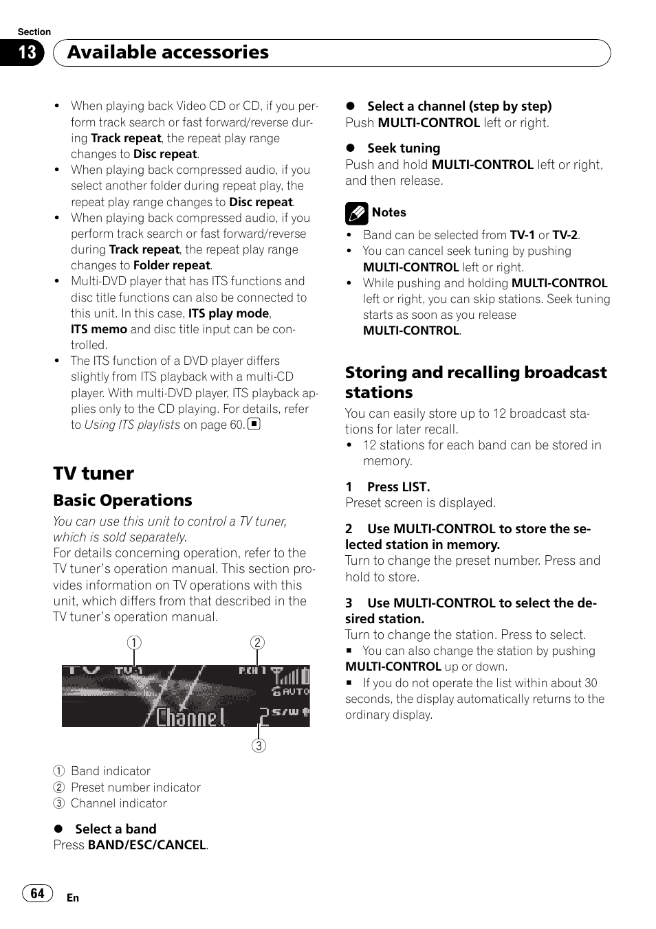 Tv tuner, Basic operations 64, Storing and recalling broadcast | Stations, Available accessories, Basic operations, Storing and recalling broadcast stations | Pioneer DEH-P8100BT User Manual | Page 64 / 74