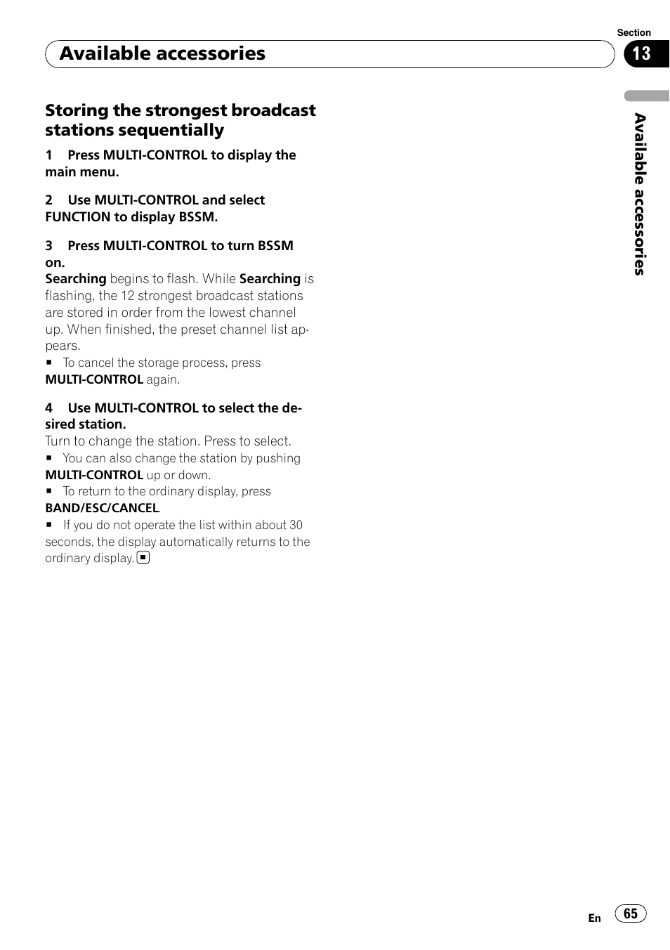 Storing the strongest broadcast, Stations sequentially, Available accessories | Pioneer DEH-P8100BT User Manual | Page 65 / 74