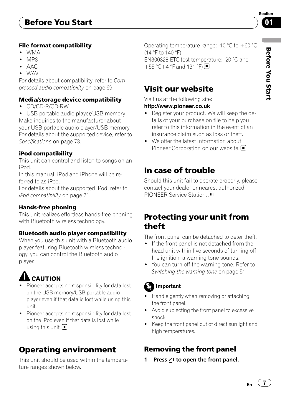 Operating environment, Visit our website, In case of trouble | Protecting your unit from theft, Removing the front panel 7, Before you start | Pioneer DEH-P8100BT User Manual | Page 7 / 74