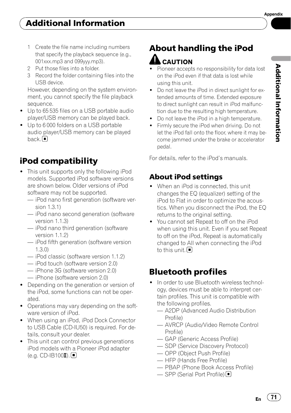 Ipod compatibility, About handling the ipod, About ipod settings 71 | Bluetooth profiles, Additional information, About ipod settings | Pioneer DEH-P8100BT User Manual | Page 71 / 74