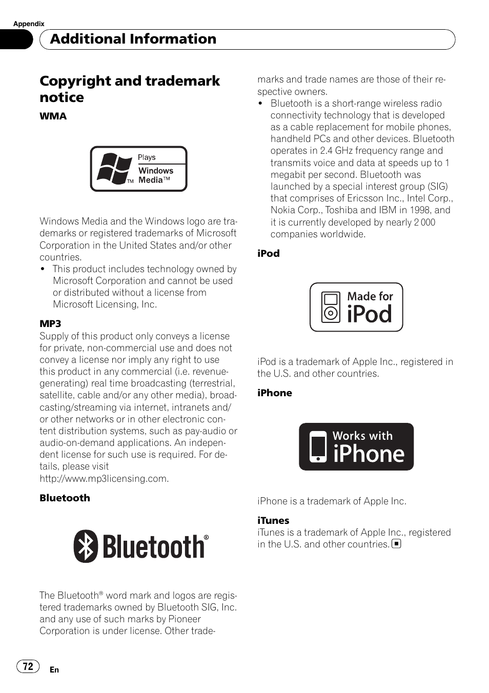 Copyright and trademark notice, Additional information | Pioneer DEH-P8100BT User Manual | Page 72 / 74