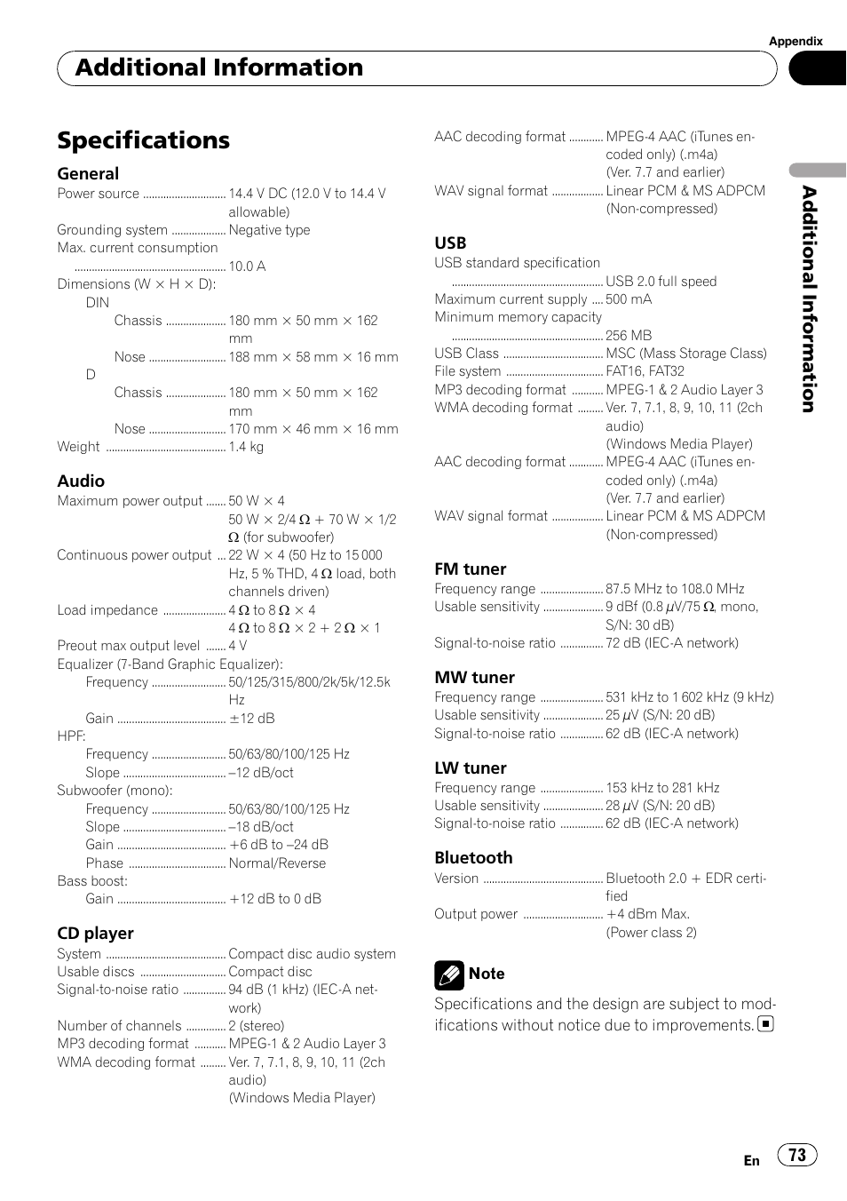 Specifications, Additional information | Pioneer DEH-P8100BT User Manual | Page 73 / 74