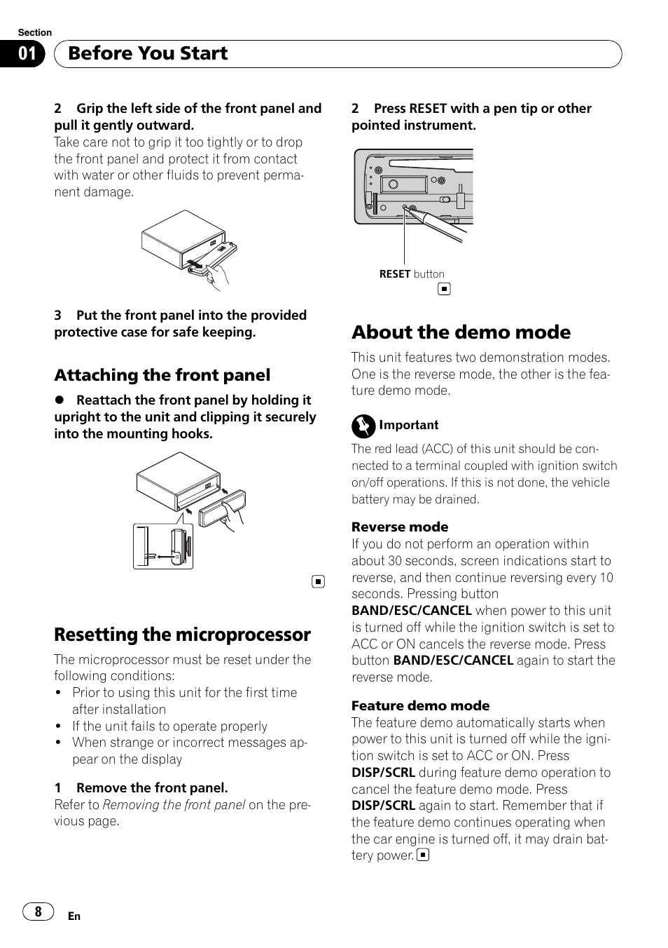Attaching the front panel 8, Resetting the microprocessor, About the demo mode | Before you start | Pioneer DEH-P8100BT User Manual | Page 8 / 74
