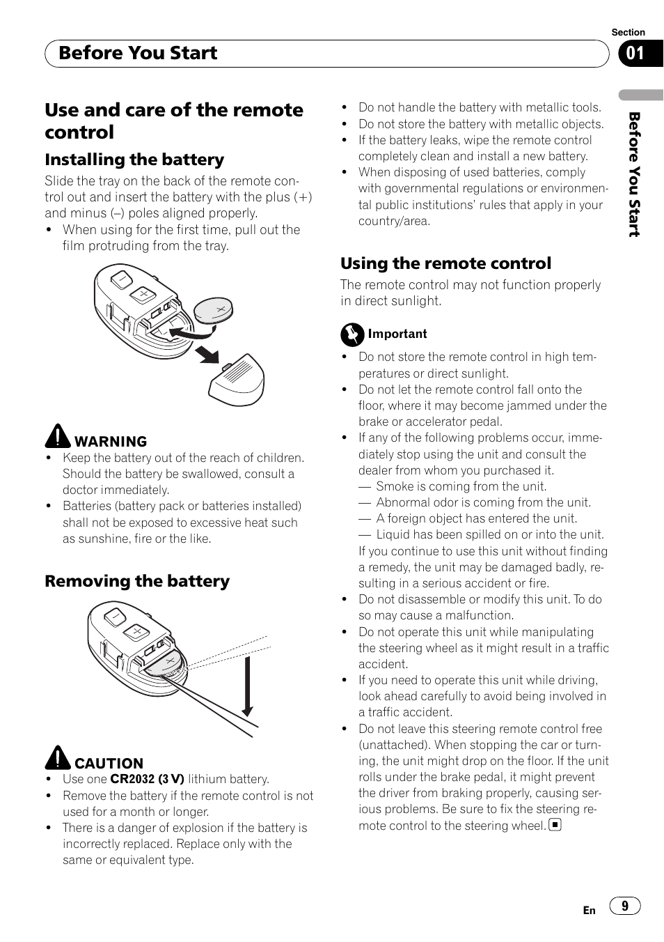 Use and care of the remote control, Installing the battery 9, Removing the battery 9 | Using the remote control 9, Before you start, Installing the battery, Removing the battery, Using the remote control | Pioneer DEH-P8100BT User Manual | Page 9 / 74