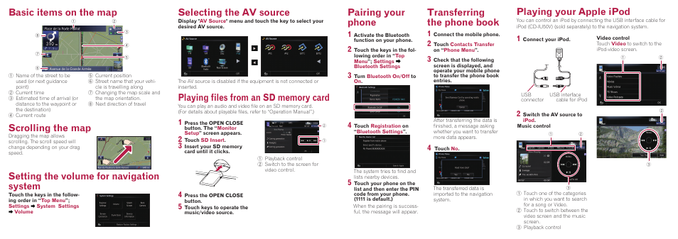 Basic items on the map, Pairing your phone, Transferring the phone book | Playing your apple ipod | Pioneer AVIC-F10BT User Manual | Page 2 / 2
