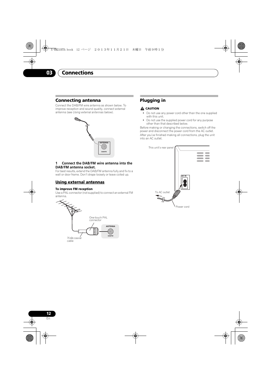 Connecting antenna, Using external antennas, Plugging in | Connections 03 | Pioneer X-HM21BTD-K User Manual | Page 12 / 44
