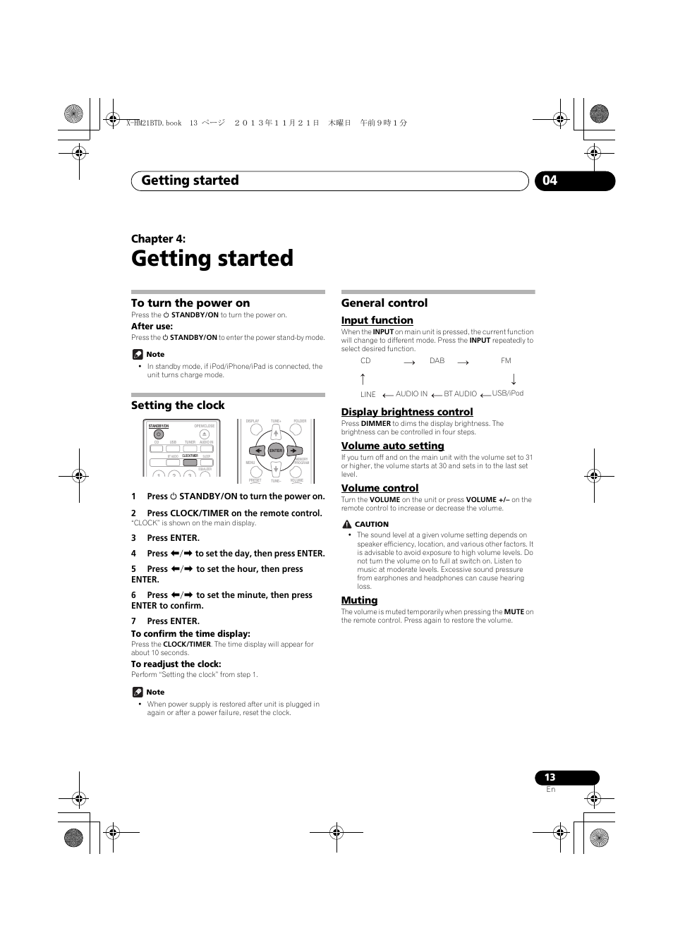 04 getting started, To turn the power on, Setting the clock | General control, Input function, Display brightness control, Volume auto setting, Volume control, Muting, Getting started | Pioneer X-HM21BTD-K User Manual | Page 13 / 44