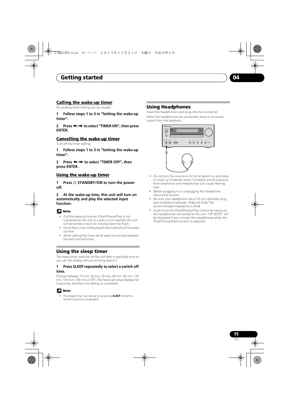 Calling the wake-up timer, Cancelling the wake-up timer, Using the wake-up timer | Using the sleep timer, Using headphones, Getting started 04, Timer | Pioneer X-HM21BTD-K User Manual | Page 15 / 44