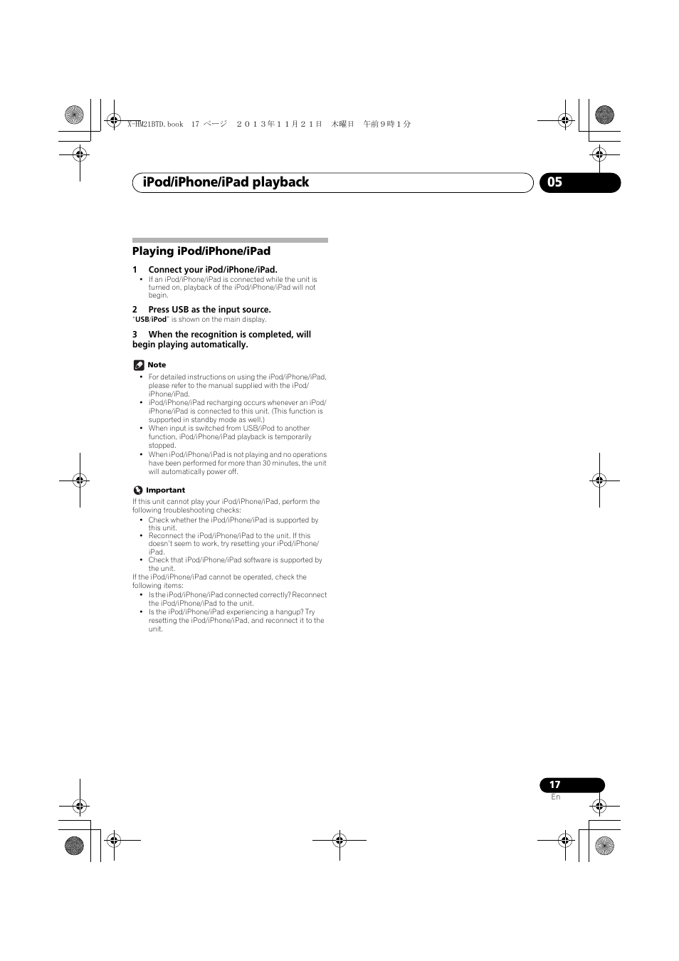 Playing ipod/iphone/ipad, Ipod/iphone/ipad playback 05 | Pioneer X-HM21BTD-K User Manual | Page 17 / 44