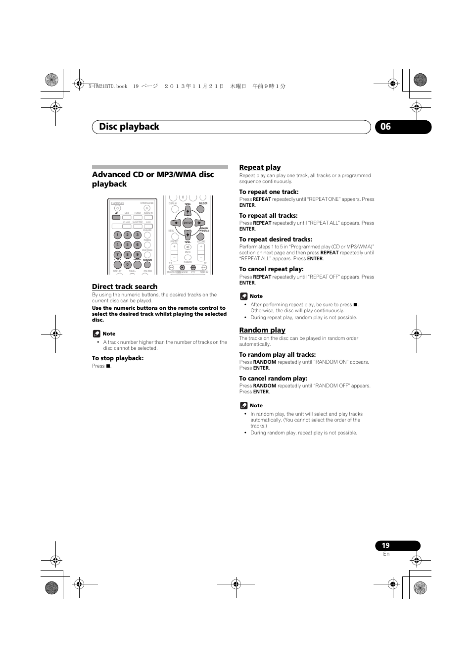 Advanced cd or mp3/wma disc playback, Direct track search, Repeat play | Random play, Disc playback 06 | Pioneer X-HM21BTD-K User Manual | Page 19 / 44