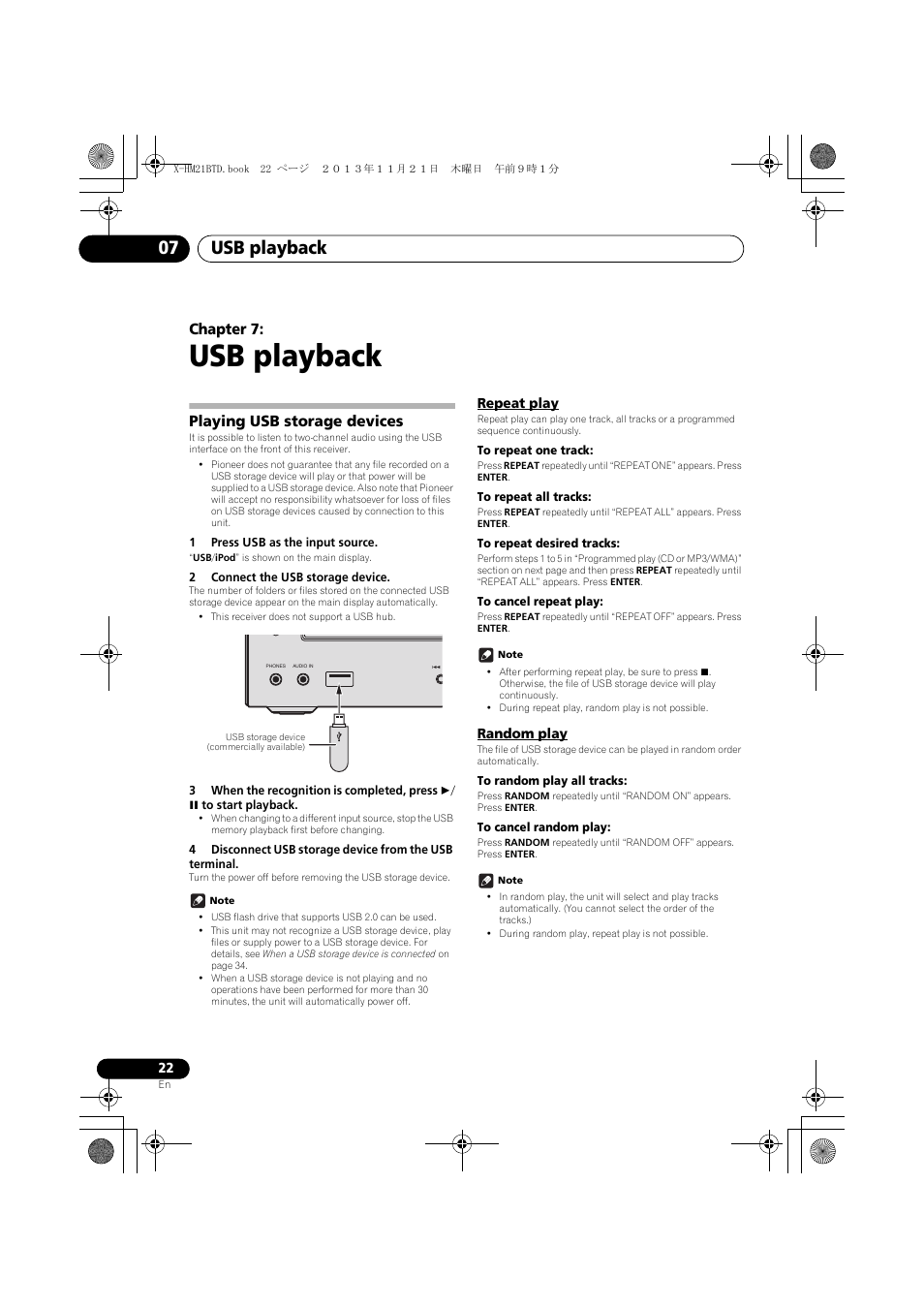 07 usb playback, Playing usb storage devices, Repeat play | Random play, Usb playback, Usb playback 07, Chapter 7 | Pioneer X-HM21BTD-K User Manual | Page 22 / 44