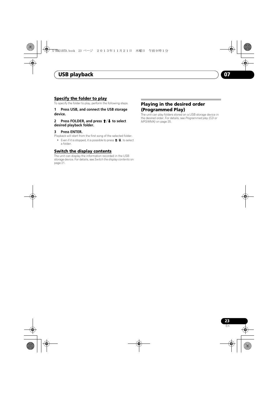 Specify the folder to play, Switch the display contents, Playing in the desired order (programmed play) | Usb playback 07 | Pioneer X-HM21BTD-K User Manual | Page 23 / 44