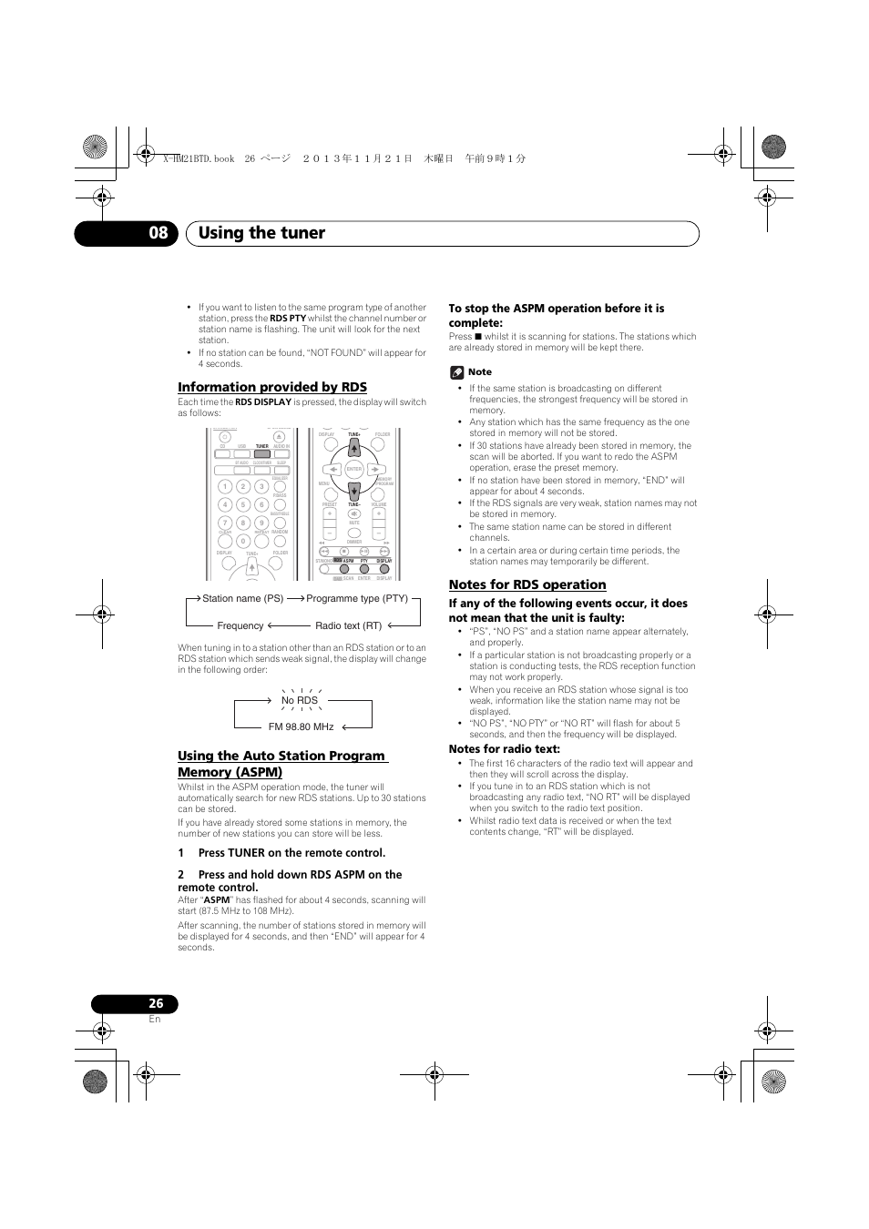 Information provided by rds, Using the auto station program memory (aspm), Notes for rds operation | Using the tuner 08 | Pioneer X-HM21BTD-K User Manual | Page 26 / 44