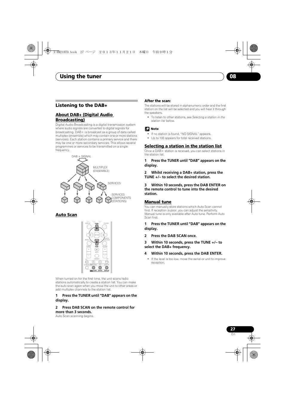 Listening to the dab, About dab+ (digital audio broadcasting), Auto scan | Selecting a station in the station list, Manual tune, Using the tuner 08 | Pioneer X-HM21BTD-K User Manual | Page 27 / 44