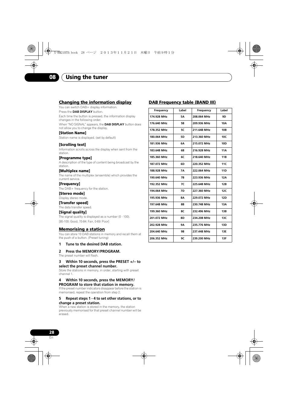 Changing the information display, Memorising a station, Dab frequency table (band iii) | Using the tuner 08 | Pioneer X-HM21BTD-K User Manual | Page 28 / 44
