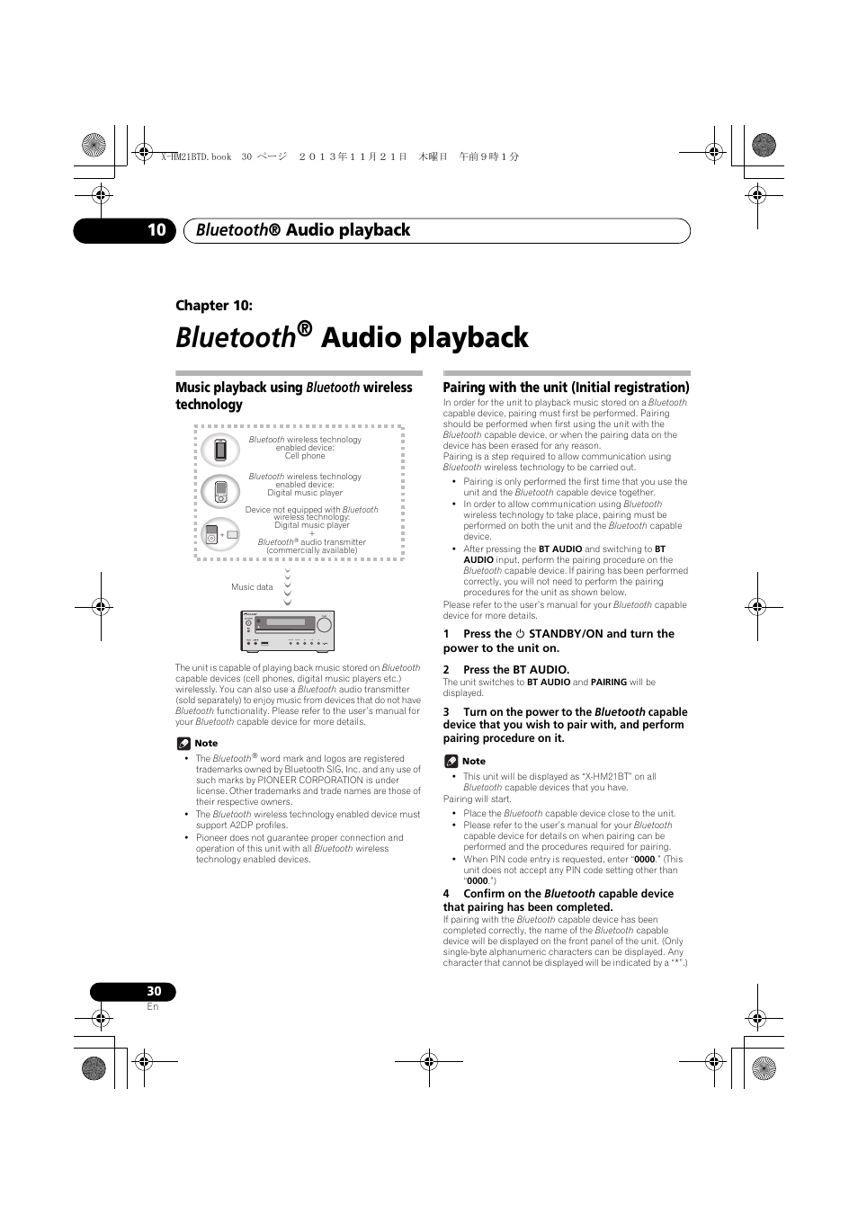 10 bluetooth ® audio playback, Music playback using bluetooth wireless, Technology | Pairing with the unit (initial registration), Bluetooth, Audio playback, Bluetooth ® audio playback, Chapter 10, Music playback using bluetooth wireless technology | Pioneer X-HM21BTD-K User Manual | Page 30 / 44