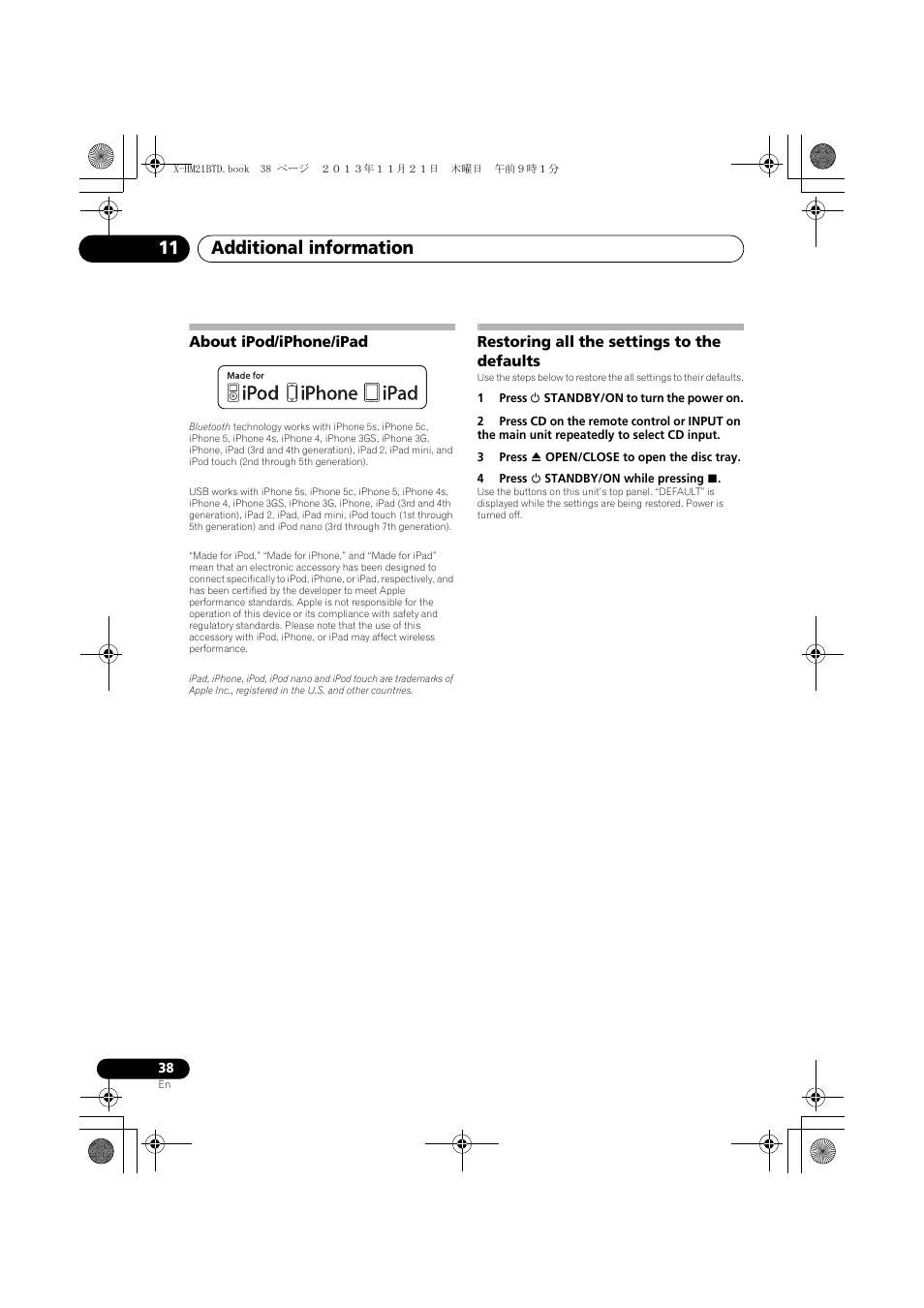 About ipod/iphone/ipad, Restoring all the settings to the defaults, Additional information 11 | Pioneer X-HM21BTD-K User Manual | Page 38 / 44