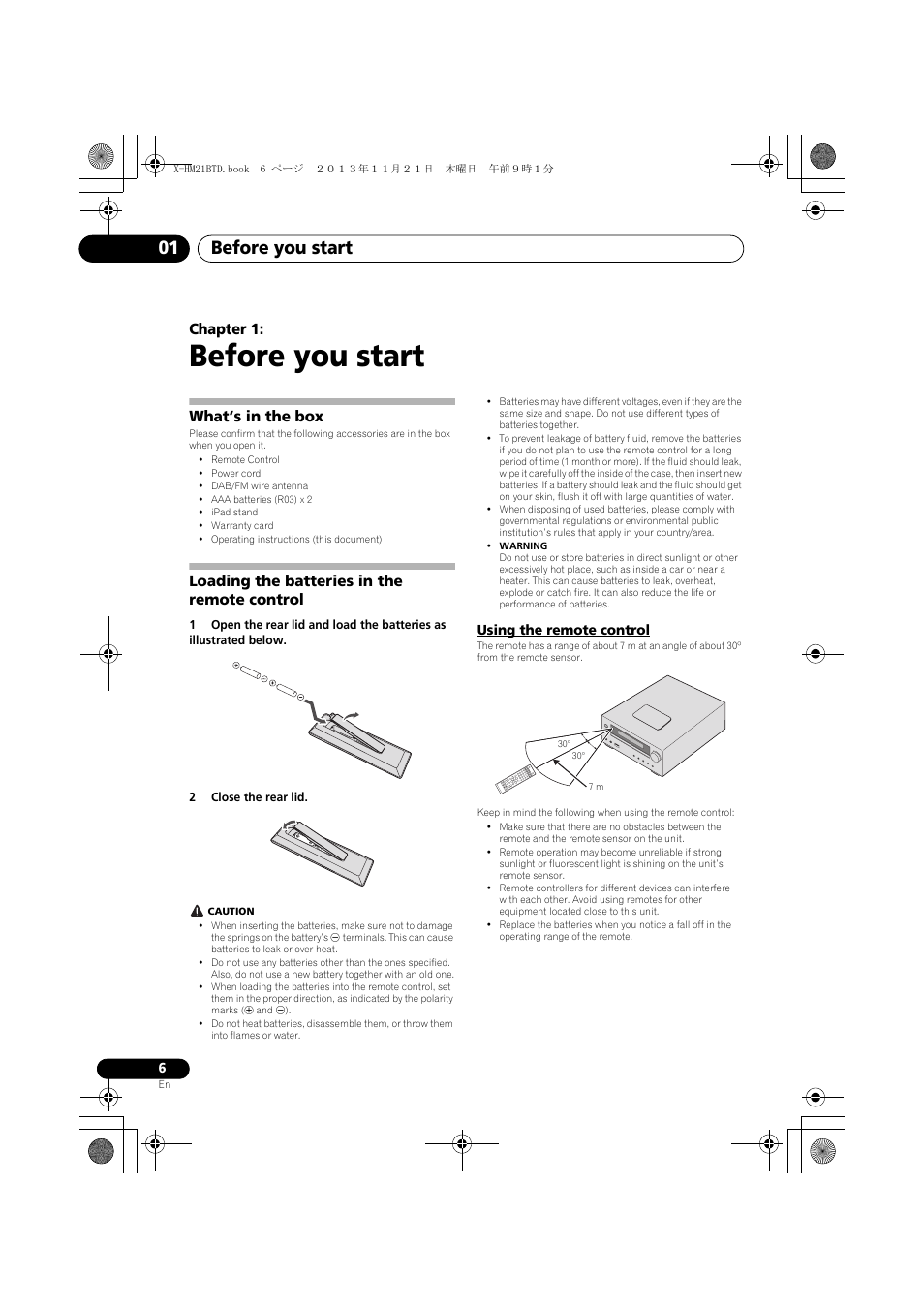 01 before you start, What’s in the box, Loading the batteries in the remote control | Using the remote control, Before you start, Before you start 01, Chapter 1 | Pioneer X-HM21BTD-K User Manual | Page 6 / 44