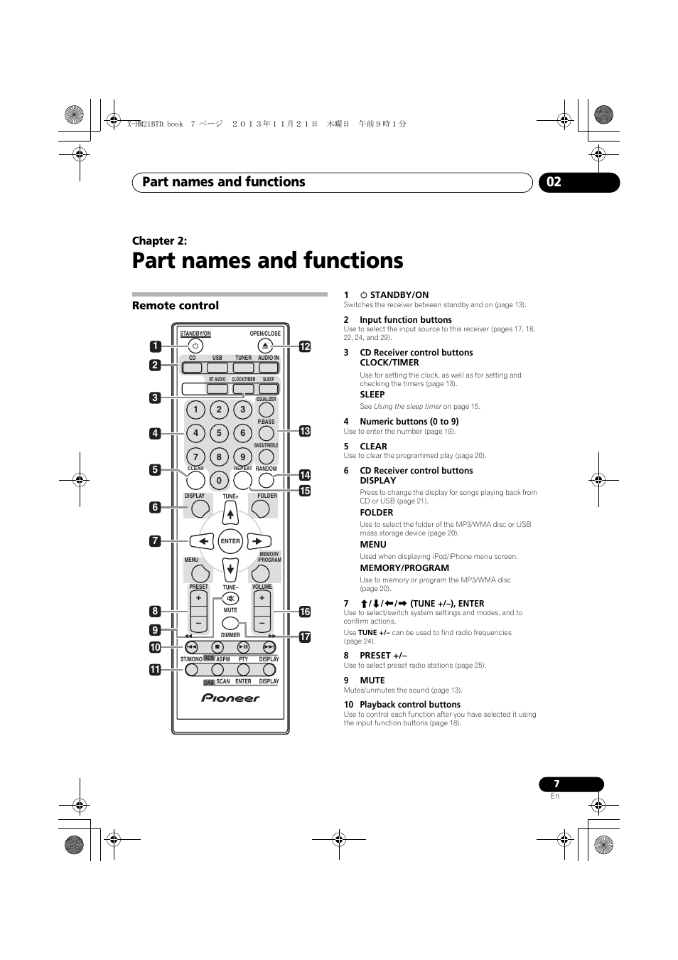 02 part names and functions, Remote control, Part names and functions | Part names and functions 02, Chapter 2 | Pioneer X-HM21BTD-K User Manual | Page 7 / 44