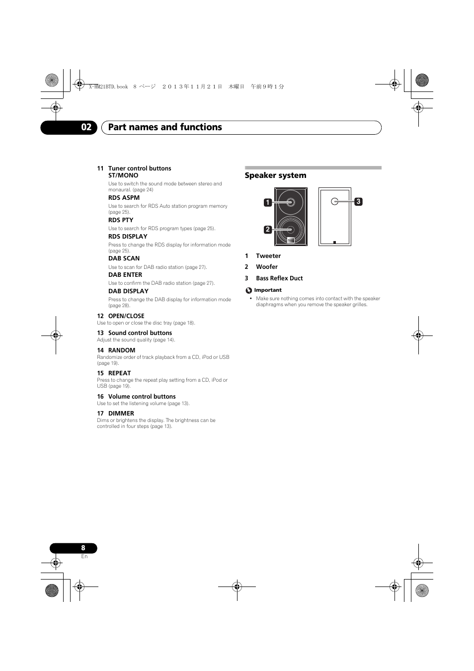 Speaker system, Part names and functions 02 | Pioneer X-HM21BTD-K User Manual | Page 8 / 44