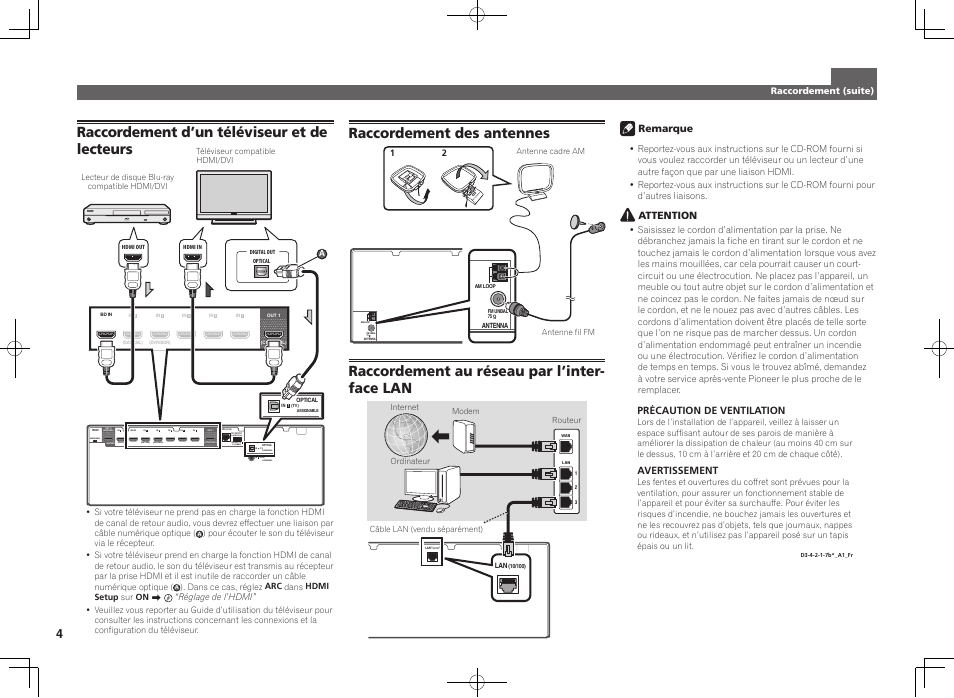 Raccordement d’un téléviseur et de lecteurs, Raccordement des antennes, Raccordement au réseau par l’inter- face lan | Tv) 1, Dvd) 1 - 1 7, Assignable, Selectable, For wireless lan assignable assignable | Pioneer VSX-923-S User Manual | Page 10 / 44