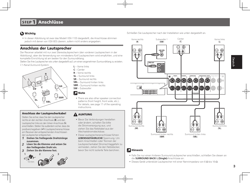 Anschlüsse, Anschluss der lautsprecher | Pioneer VSX-923-S User Manual | Page 15 / 44