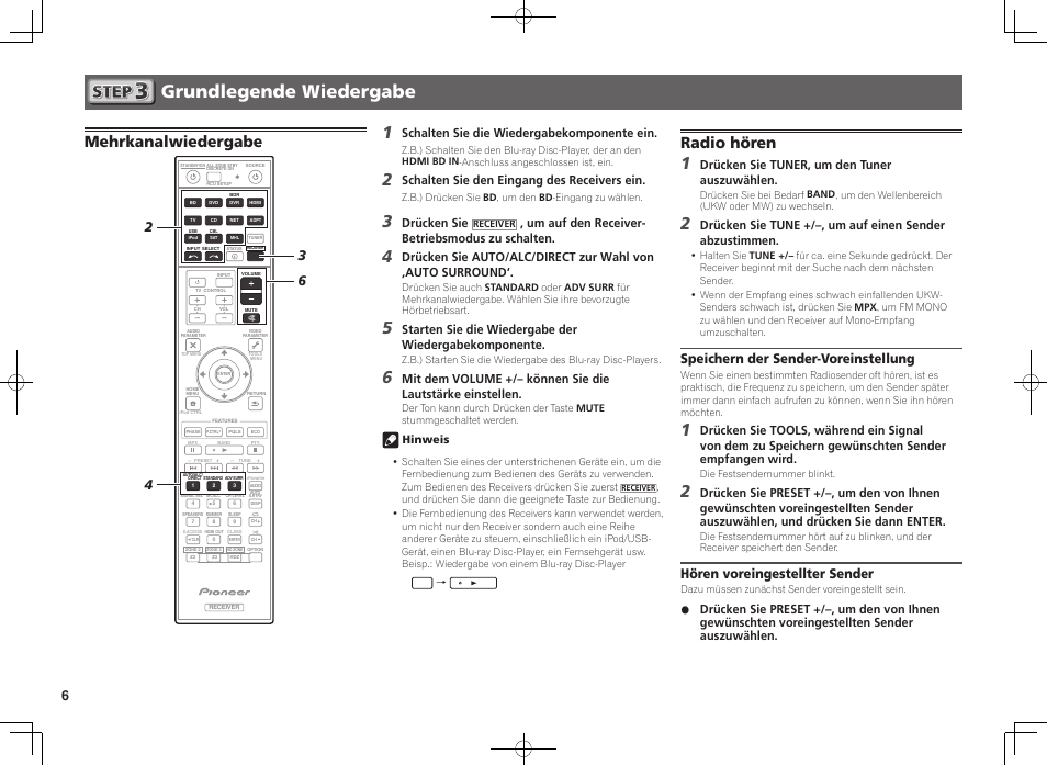 Grundlegende wiedergabe, Mehrkanalwiedergabe, Radio hören | Speichern der sender-voreinstellung, Hören voreingestellter sender, Schalten sie die wiedergabekomponente ein, Schalten sie den eingang des receivers ein, Drücken sie, Um auf den receiver- betriebsmodus zu schalten, Drücken sie tuner, um den tuner auszuwählen | Pioneer VSX-923-S User Manual | Page 18 / 44