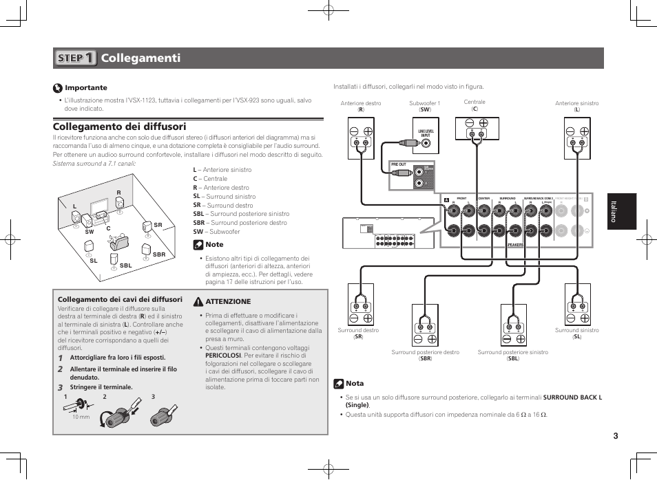 Collegamenti, Collegamento dei diffusori | Pioneer VSX-923-S User Manual | Page 21 / 44