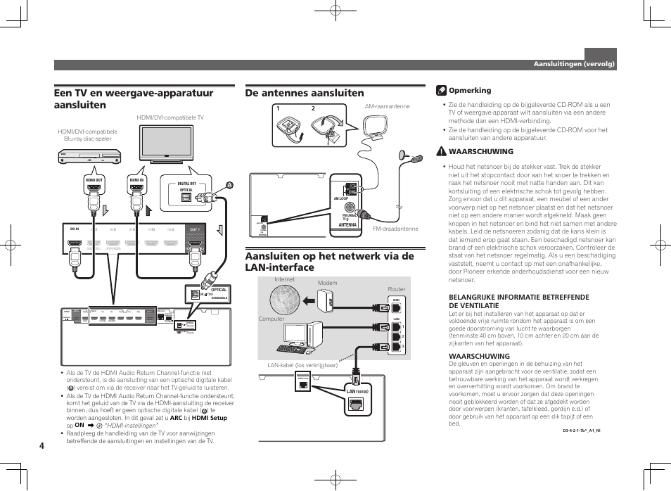 Een tv en weergave-apparatuur aansluiten, De antennes aansluiten, Aansluiten op het netwerk via de lan-interface | Tv) 1, Dvd) 1 - 1 7, Assignable, Selectable, For wireless lan assignable assignable | Pioneer VSX-923-S User Manual | Page 28 / 44