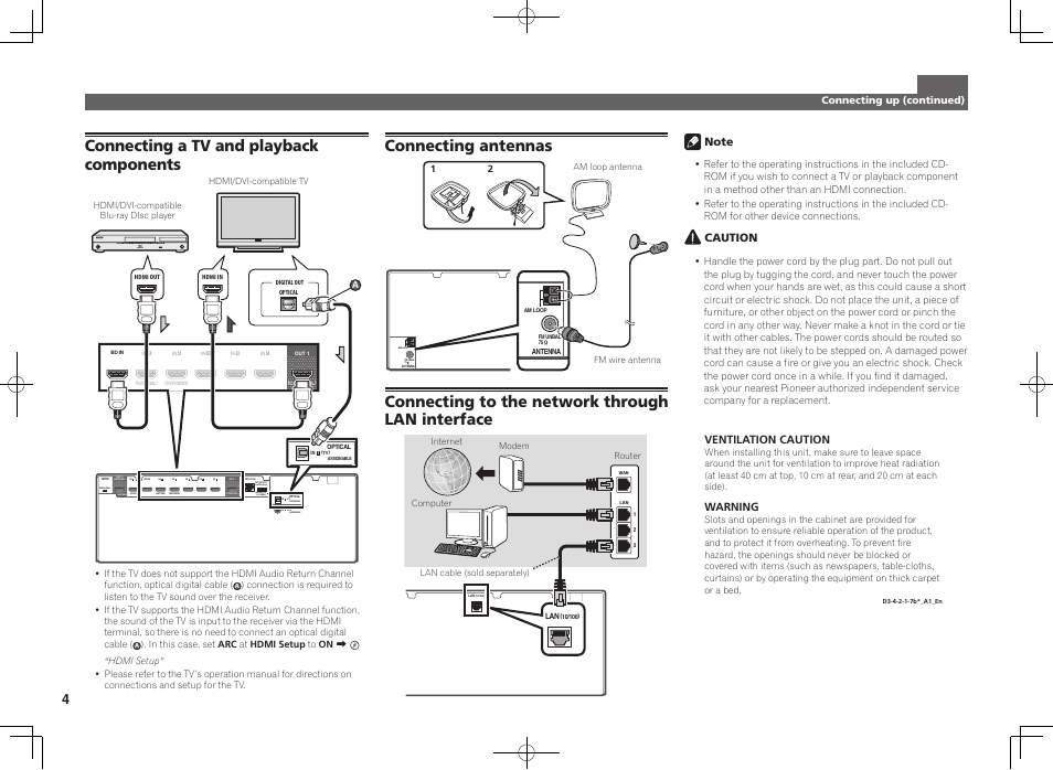 Connecting a tv and playback components, Connecting antennas, Connecting to the network through lan interface | Tv) 1, Dvd) 1 - 1 7, Assignable, Selectable, For wireless lan assignable assignable | Pioneer VSX-923-S User Manual | Page 4 / 44