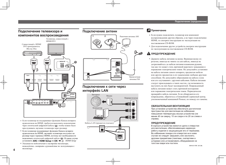 Подключение антенн, Подключение к сети через интерфейс lan | Pioneer VSX-923-S User Manual | Page 40 / 44