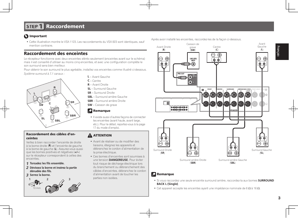 Raccordement, Raccordement des enceintes | Pioneer VSX-923-S User Manual | Page 9 / 44