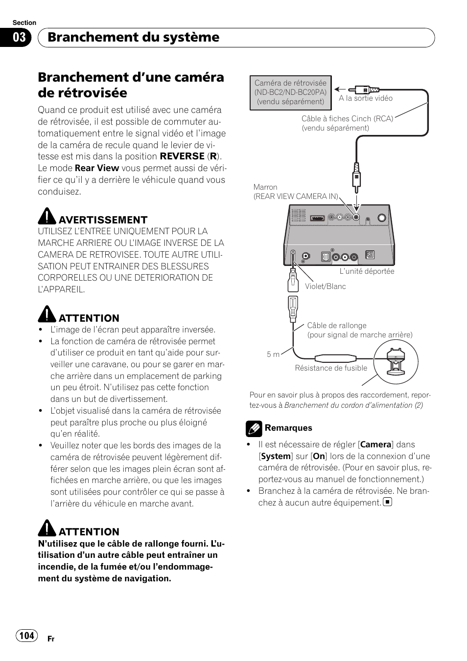 Branchement d, Une caméra de, Rétrovisée | Branchement d ’une caméra de rétrovisée, Branchement du système | Pioneer AVIC-X3-II User Manual | Page 104 / 179