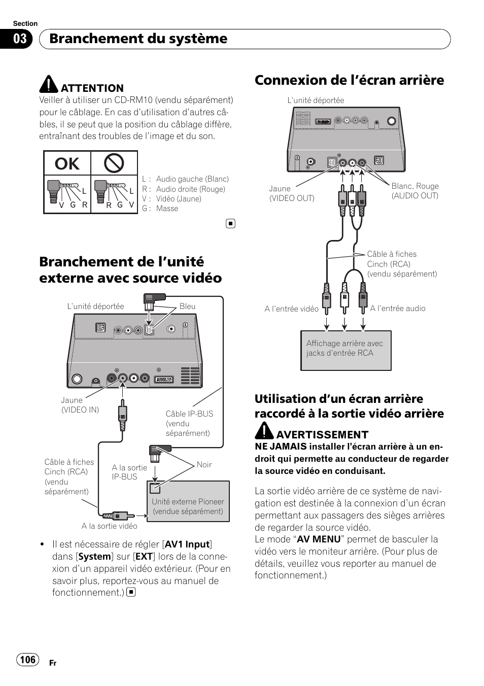 Branchement de l, Unité externe avec source, Vidéo | Connexion de l, Écran arrière 106, Utilisation d’un écran arrière raccordé, À la sortie vidéo arrière, Branchement de l ’unité externe avec source vidéo, Connexion de l ’écran arrière, Branchement du système | Pioneer AVIC-X3-II User Manual | Page 106 / 179
