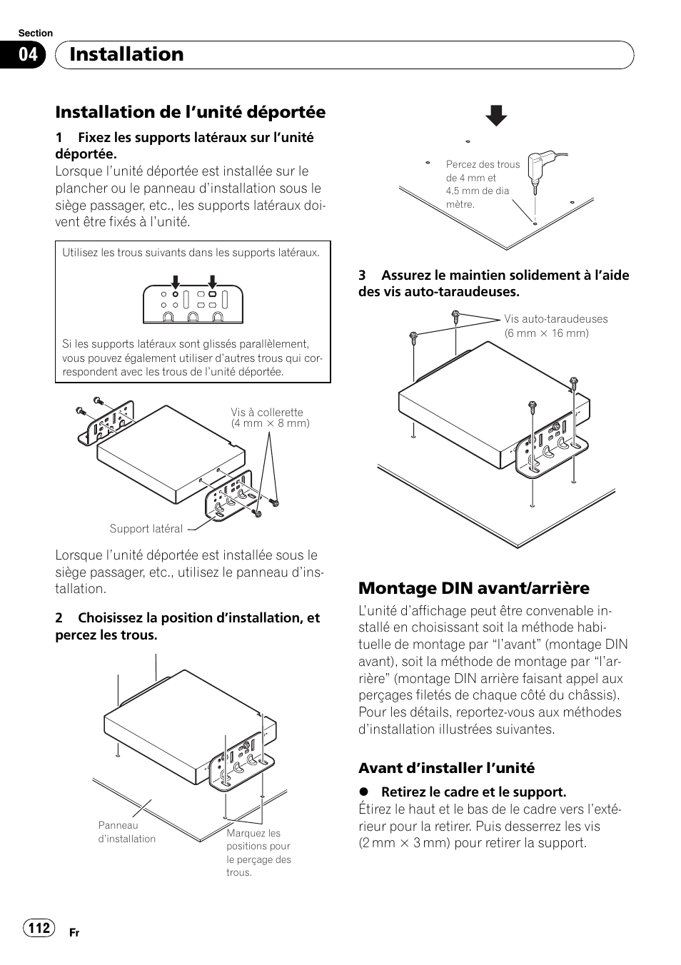 Installation de l’unité déportée 112, Montage din avant/arrière 112, Installation | Installation de l ’unité déportée, Montage din avant/arrière | Pioneer AVIC-X3-II User Manual | Page 112 / 179