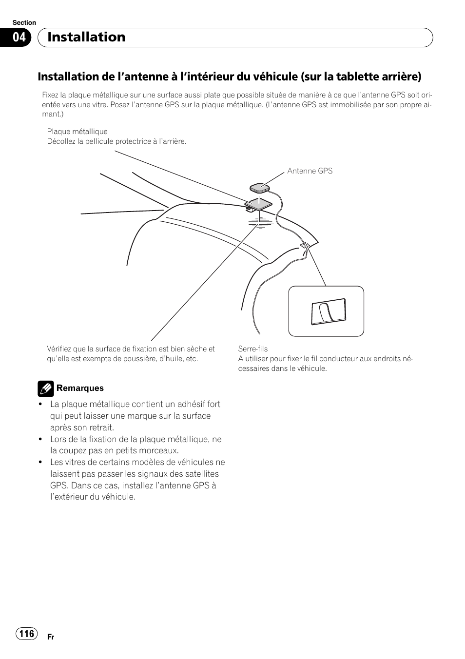 Installation de l’antenne à l’intérieur du, Véhicule (sur la tablette arrière), Installation | Pioneer AVIC-X3-II User Manual | Page 116 / 179