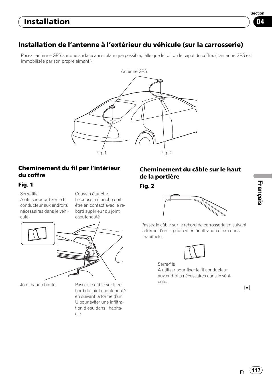 Installation de l’antenne à l’extérieur du, Véhicule (sur la carrosserie), Installation | Français | Pioneer AVIC-X3-II User Manual | Page 117 / 179