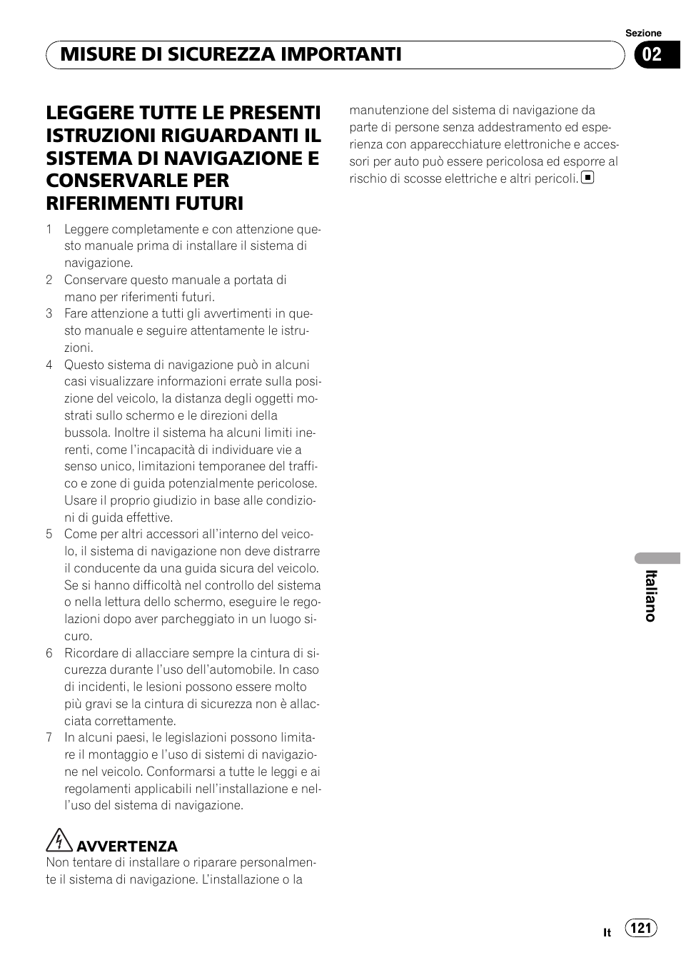 Misure di sicurezza importanti | Pioneer AVIC-X3-II User Manual | Page 121 / 179