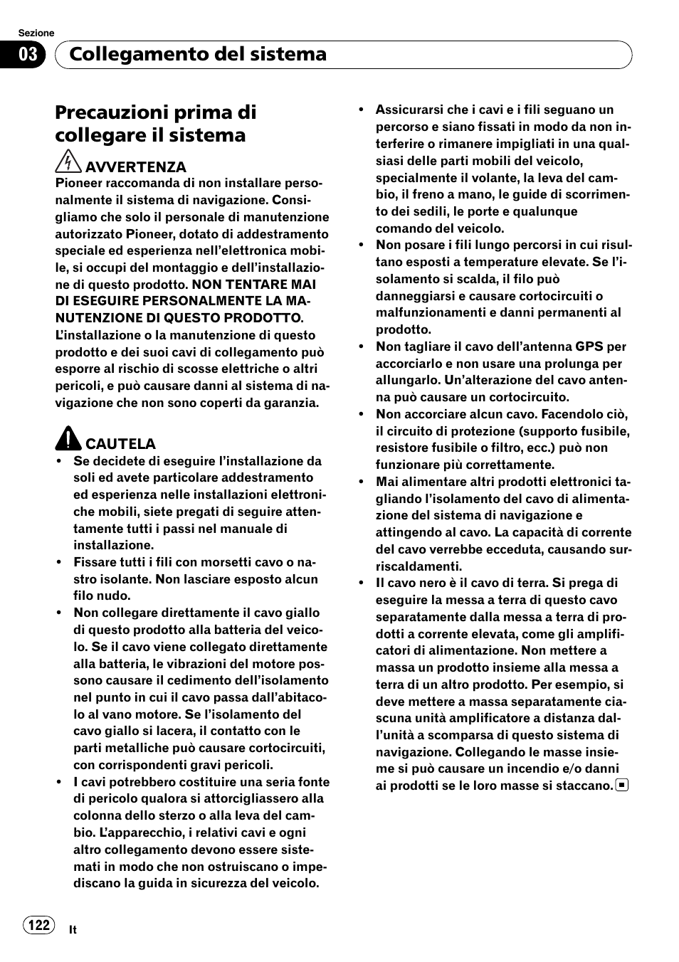 Sistema, Precauzioni prima di collegare il sistema, Collegamento del sistema | Pioneer AVIC-X3-II User Manual | Page 122 / 179