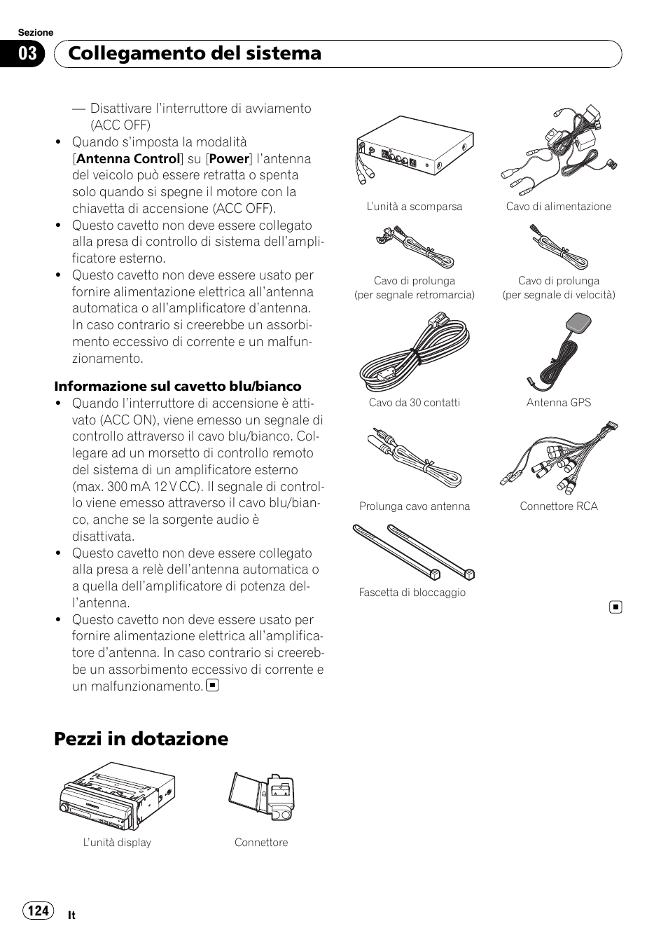 Pezzi in dotazione, Collegamento del sistema | Pioneer AVIC-X3-II User Manual | Page 124 / 179